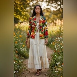 Chicos 2 large bold floral blazer jacket red orange greens Hawaiian Twill
